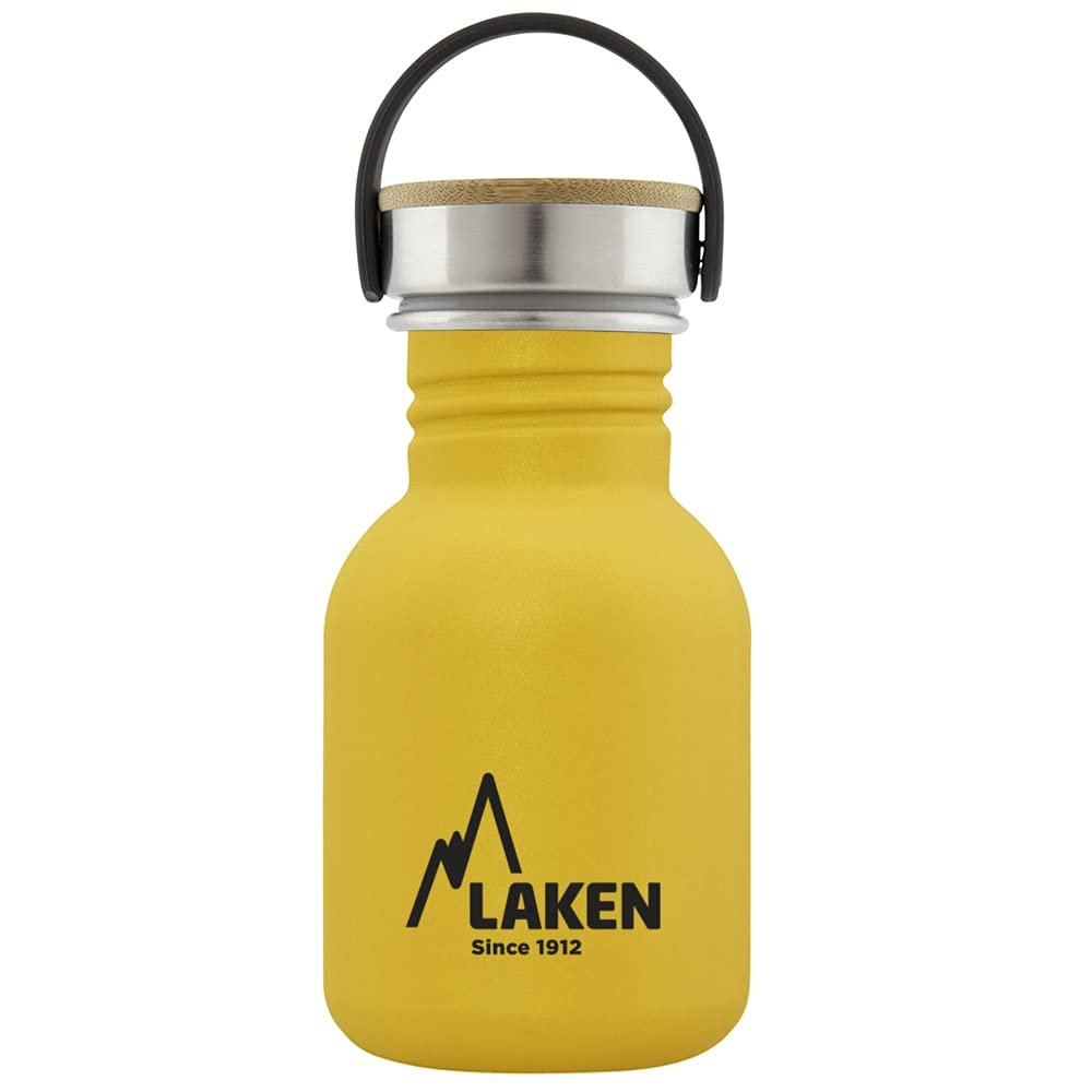 LAKEN Basic Stainless Steel Bottle, Water Bottle, Wide Opening with Stainless Steel Screw Cap with Bambo, BPA-Free, 0.35 L, Yellow