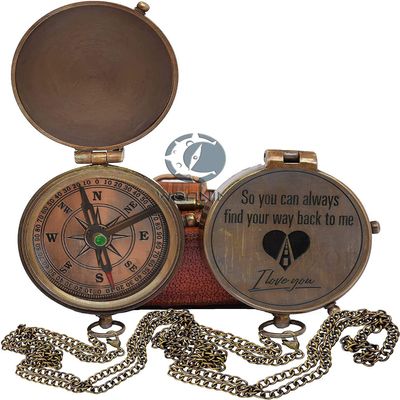Engraved Brass Compass- Personalized Sundial Compass, Viking Compass Gift to Her, Nautical Gift for Boyfriend Perfect and Unique Gift with Leather Case