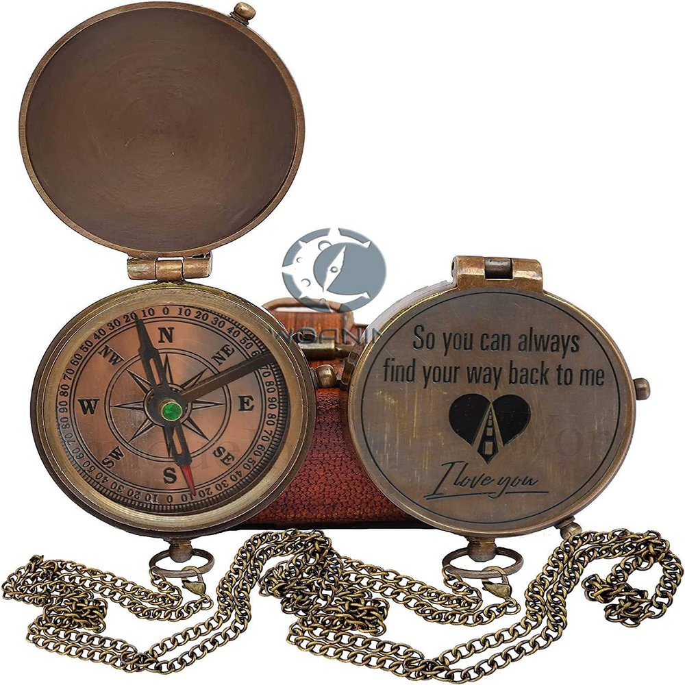 Engraved Brass Compass- Personalized Sundial Compass, Viking Compass Gift to Her, Nautical Gift for Boyfriend Perfect and Unique Gift with Leather Case