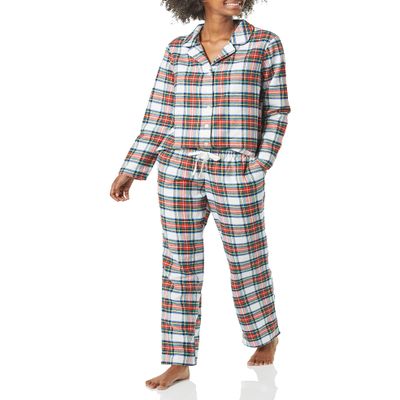 Amazon Essentials Women's Flannel Long-Sleeve Button Front Shirt and Pant Pajama Set, Red Tartan, Large