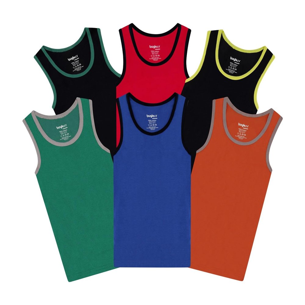 Buyless Fashion Boys Scoop Neck Tagless Undershirts Soft Cotton Tank Top (6 Pack) 6-7