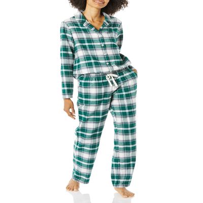Amazon Essentials Women's Flannel Long-Sleeve Button Front Shirt and Pant Pajama Set, Dark Green White Plaid, X-Small
