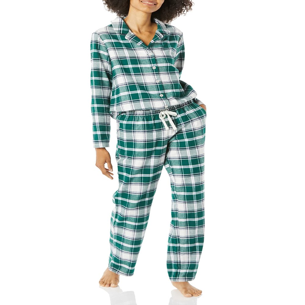 Amazon Essentials Women's Flannel Long-Sleeve Button Front Shirt and Pant Pajama Set, Dark Green White Plaid, X-Small