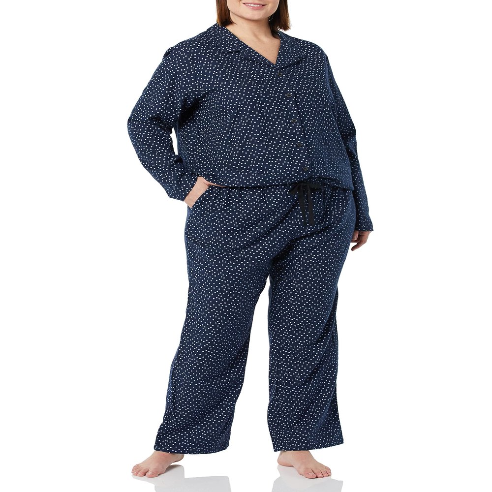 Amazon Essentials Women's Flannel Long-Sleeve Button Front Shirt and Pant Pajama Set, Navy Dots Print, Small