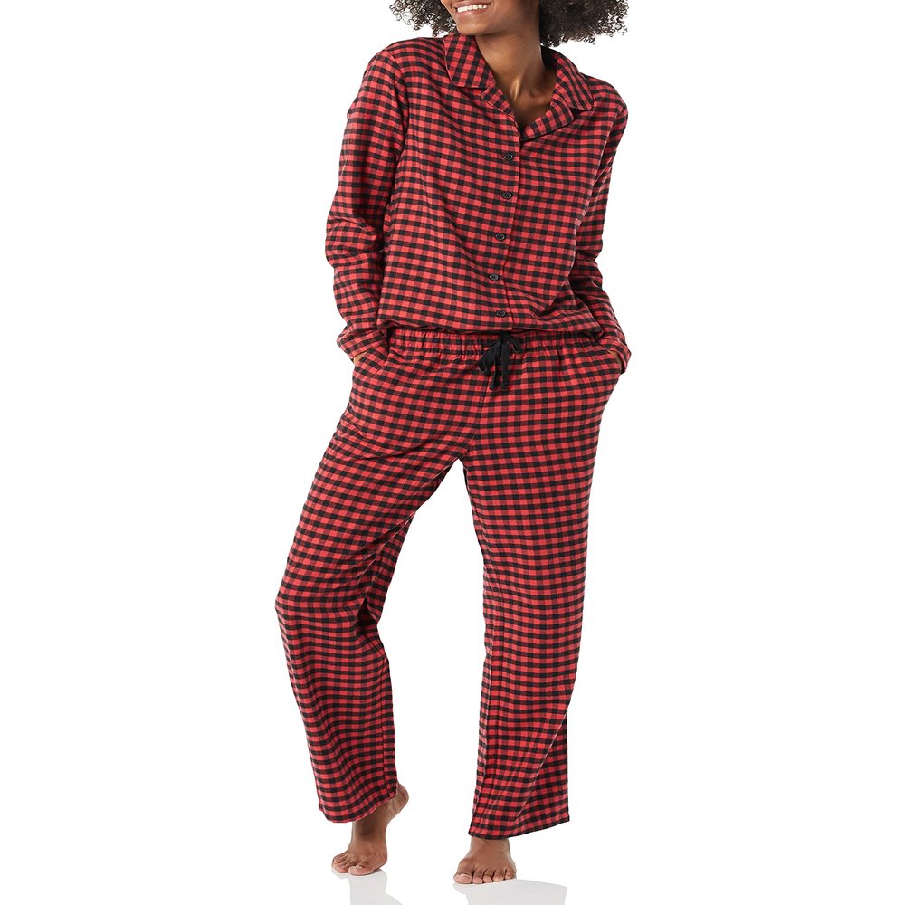 Amazon Essentials Women's Flannel Long-Sleeve Button Front Shirt and Pant Pajama Set, Black Red Mini Buffalo Plaid, X-Large