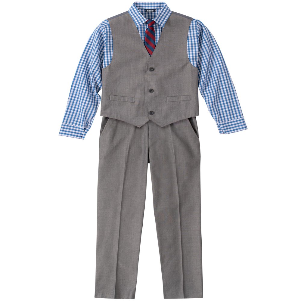 IZOD boys 4-piece Vest Set With Collared Dress Shirt, Tie, Vest, Pants Baby and Toddler Suit, Medium Blue/Grey, 2T US