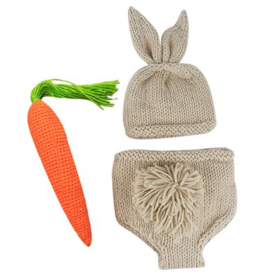IDOPIP Newborn Baby Bunny Easter Photography Prop Crochet Knit Rabbit Hat Diaper Carrot 1st Birthday Outfit for Infant Boy Girl Photo Shoot Dress Hat + Shorts + Carrot (3pcs) 0-3 Months