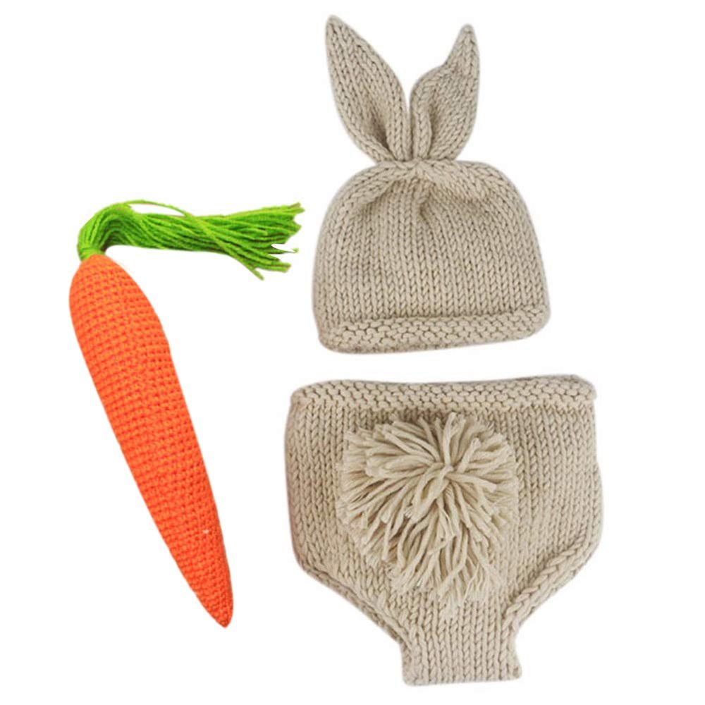 IDOPIP Newborn Baby Bunny Easter Photography Prop Crochet Knit Rabbit Hat Diaper Carrot 1st Birthday Outfit for Infant Boy Girl Photo Shoot Dress Hat + Shorts + Carrot (3pcs) 0-3 Months