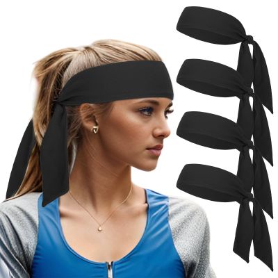 TOPTIE 4 Packs Tie Sweat Headbands for Men Women, Sport Headband Tie Back for Running Tennis Basketball - Black