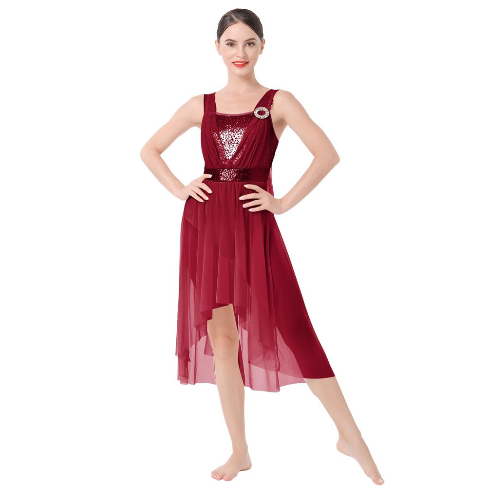 ODASDO Women Lyrical Dance Costumes Modern Contemporary Dancewear Shiny Sequins Spaghetti Strap Mesh Tulle High Low Dress Ballet Leotard Stage Performance Ballroom Cha Cha Clothes Wine Red XL