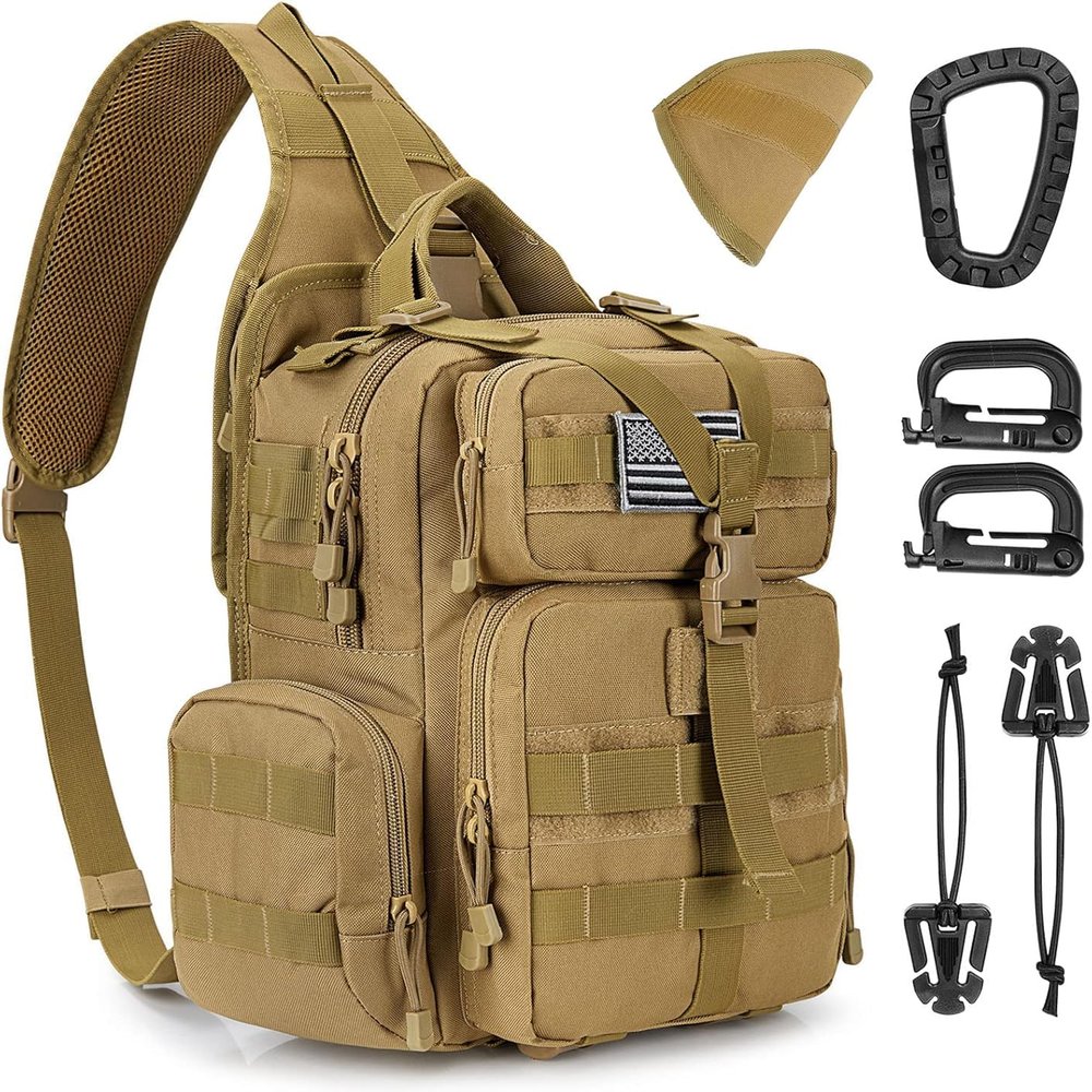 G4Free Large Tactical EDC Sling Bag Backpack, Military Molle Bag Single Strap Shoulder Backpack for Men (Tan)