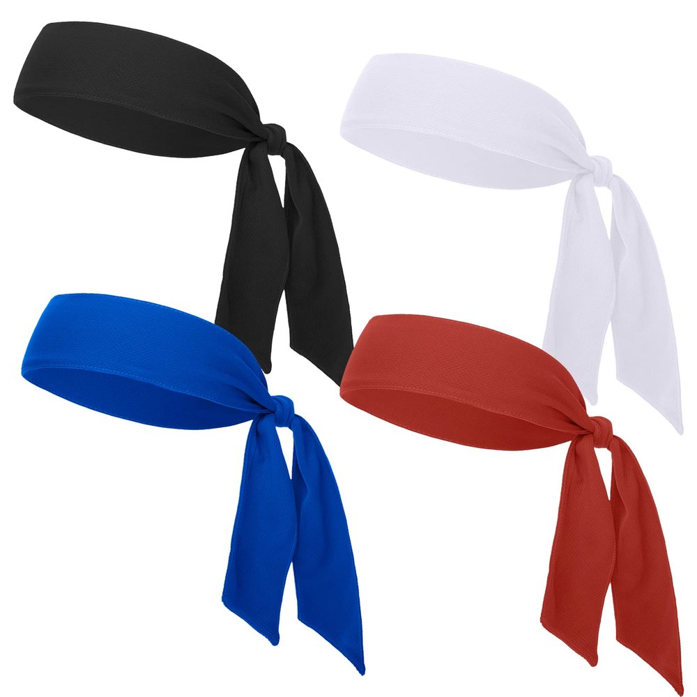 TOPTIE 4 Packs Tie Sweat Headbands for Men Women, Sport Headband Tie Back for Running Tennis Basketball - Black & White & Royal Blue & Red