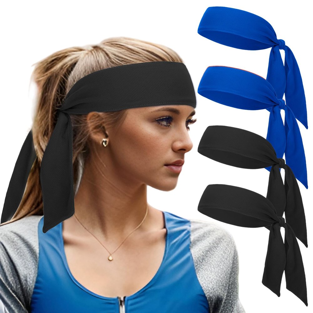 TOPTIE 4 Packs Tie Sweat Headbands for Men Women, Sport Headband Tie Back for Running Tennis Basketball - 2 Black & 2 Royal Blue