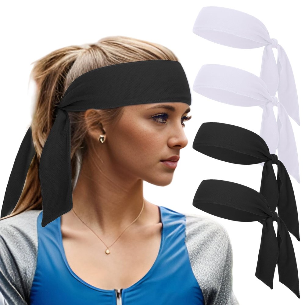 TOPTIE 4 Packs Tie Sweat Headbands for Men Women, Sport Headband Tie Back for Running Tennis Basketball - 2 Black & 2 White