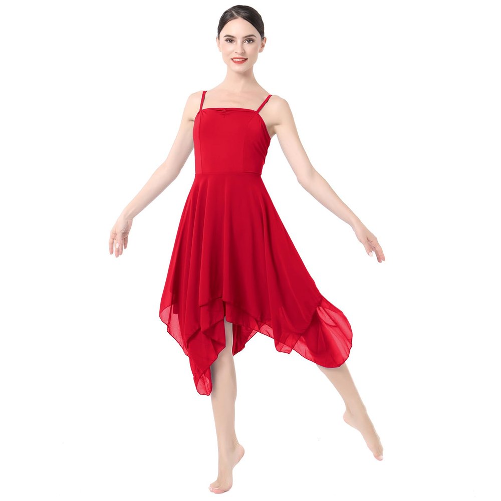 ODASDO Women Lyrical Dance Dress Ballet Modern Contemporary Dance Costume Spaghetti Straps Handerkerchief Hem Chiffon Flowy Skirt Ballroom Cha Cha Clothes Red XL