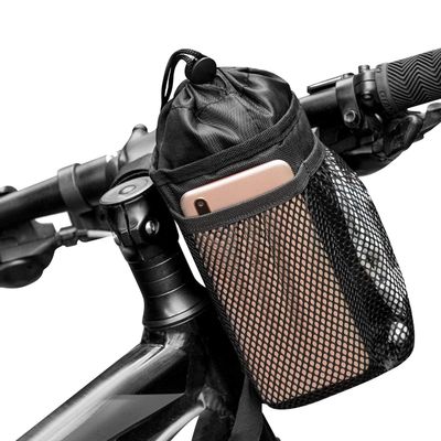 2PCS Bike Water Bottle Holder Bag, Caudblor Insulated Bicycle Coffee Cup Holders with Phone Storage, Black Handlebar Drink/Beverage Container for Walker/Cruiser/Exercise/Mountain Bike