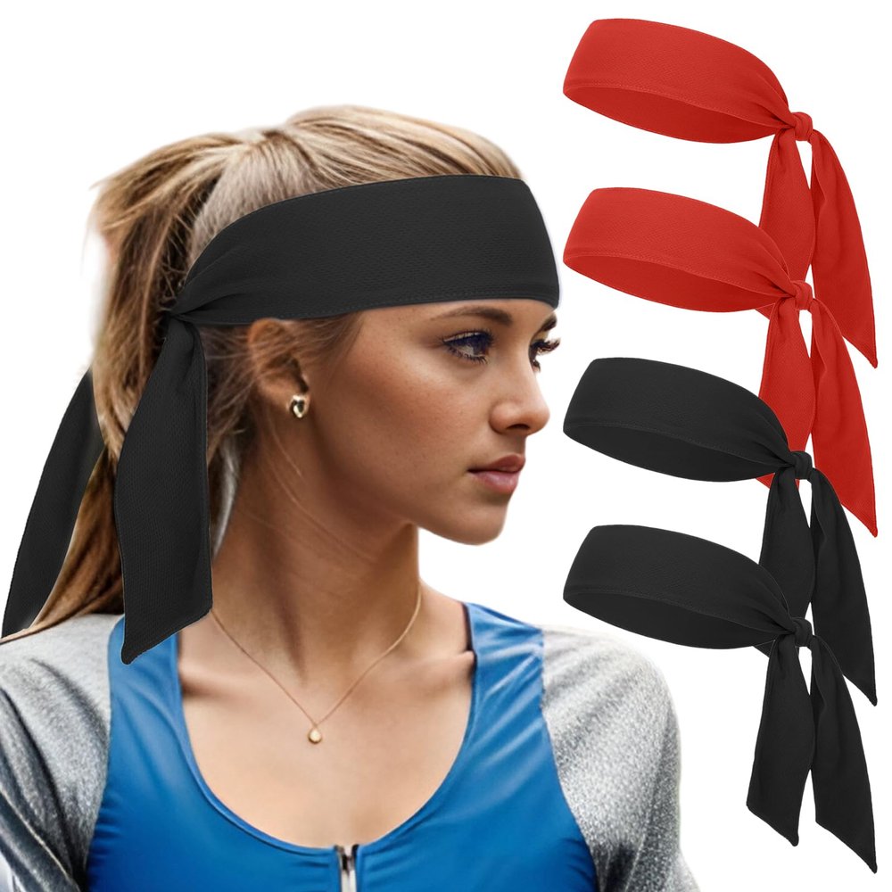 TOPTIE 4 Packs Tie Sweat Headbands for Men Women, Sport Headband Tie Back for Running Tennis Basketball - 2 Black & 2 Red