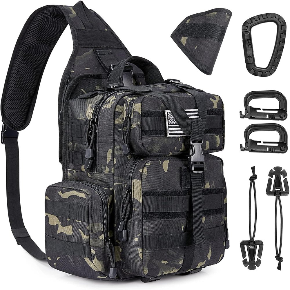 G4Free Large Tactical EDC Sling Bag Backpack, Military Molle Bag Single Strap Shoulder Backpack for Men (Black CP)