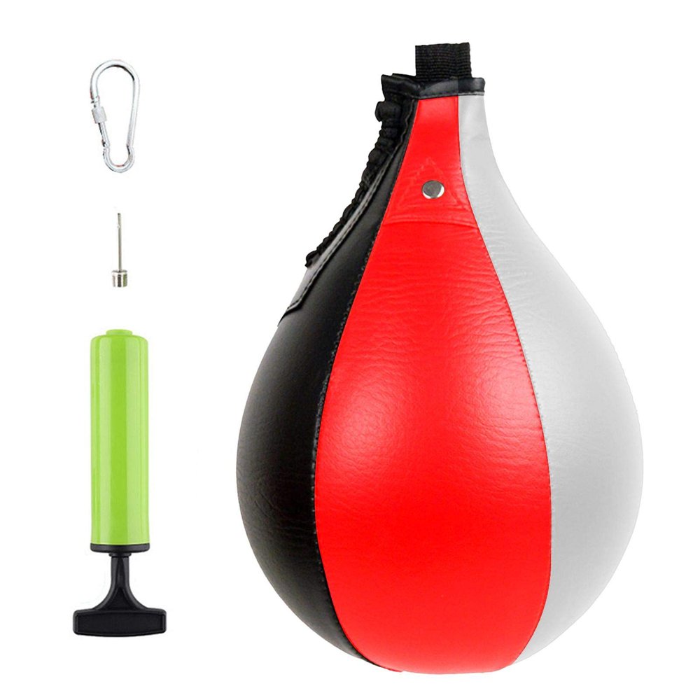 HEYJUDY Leather Speed Bag Adult Boxing Bag Boxing Speed Balloon Heavy Duty Leather Hanging Swivel Punch Ball for Boxing Muay Thai Fitness or Fighting Sport Training, Black and White Red