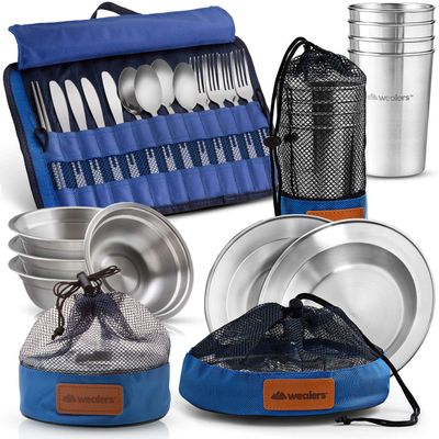 35 Piece Camp Complete Messware Kit Polished Stainless Steel Dishes Set| Tableware| Dinnerware| for Backpacking BBQ Camping Hiking Travel Cookware Kit Water Resistant Case