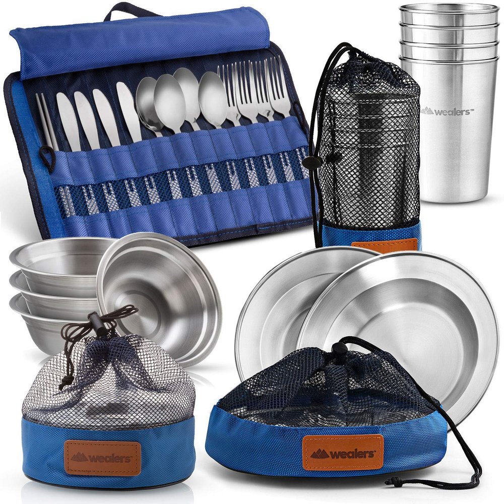 35 Piece Camp Complete Messware Kit Polished Stainless Steel Dishes Set| Tableware| Dinnerware| for Backpacking BBQ Camping Hiking Travel Cookware Kit Water Resistant Case