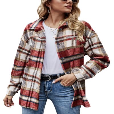 Yeokou Women's Plaid Flannel Shacket Oversized Button Down Long Sleeve Shirt Jacket Casual Spring Fall Outfits(Red-L)