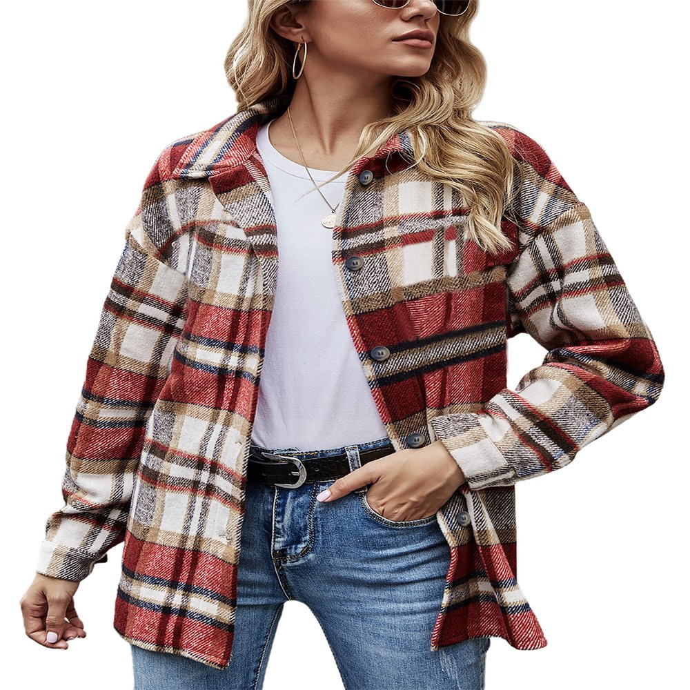 Yeokou Women's Plaid Flannel Shacket Oversized Button Down Long Sleeve Shirt Jacket Casual Spring Fall Outfits(Red-L)