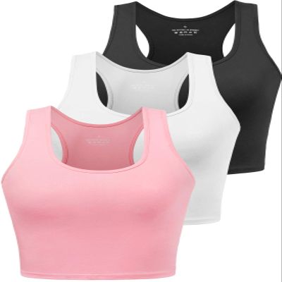 Porvike Sports Crop Tank Tops for Women Cropped Athletic Yoga Tops Racerback Running Tanks Cotton Workout Shirts Sleeveless Undershirts Exercise Gym Clothes 3 Pack Black White Pink L