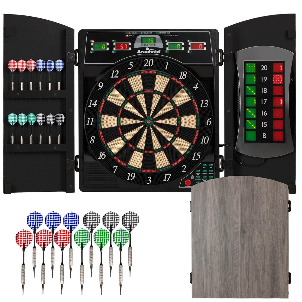 Arachnid Cricket Maxx 4.0 Electronic Dartboard Cabinet Set - Stylish Woodgrain Doors - 37 Game Types with 217 Variations - Heckler Feature + Solo Play - Includes Six Soft Tip Darts