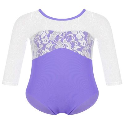 Loodgao Kids Girls Long Sleeve Ballet Leotards Floral Lace Gymnastic Dance Bodysuit One Piece Unitard Dancewear Mid-Sleeve Purple 4