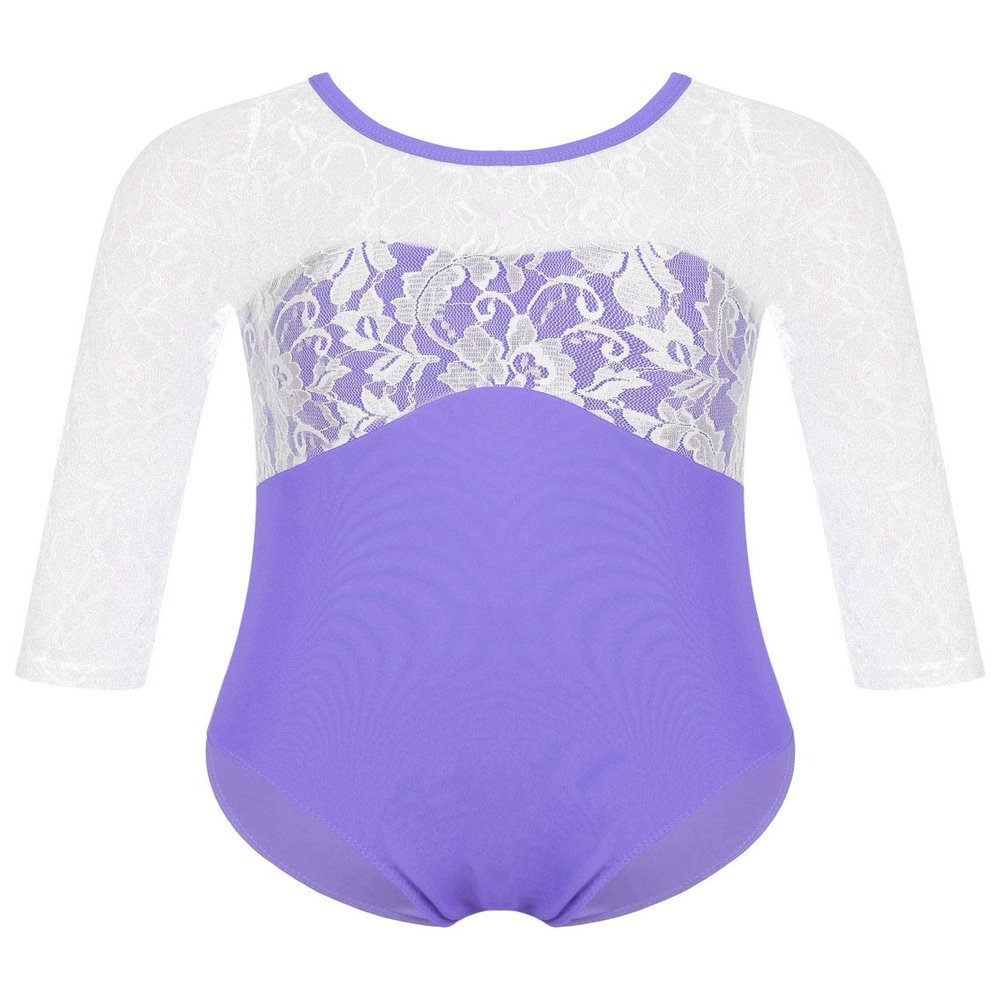 Loodgao Kids Girls Long Sleeve Ballet Leotards Floral Lace Gymnastic Dance Bodysuit One Piece Unitard Dancewear Mid-Sleeve Purple 4