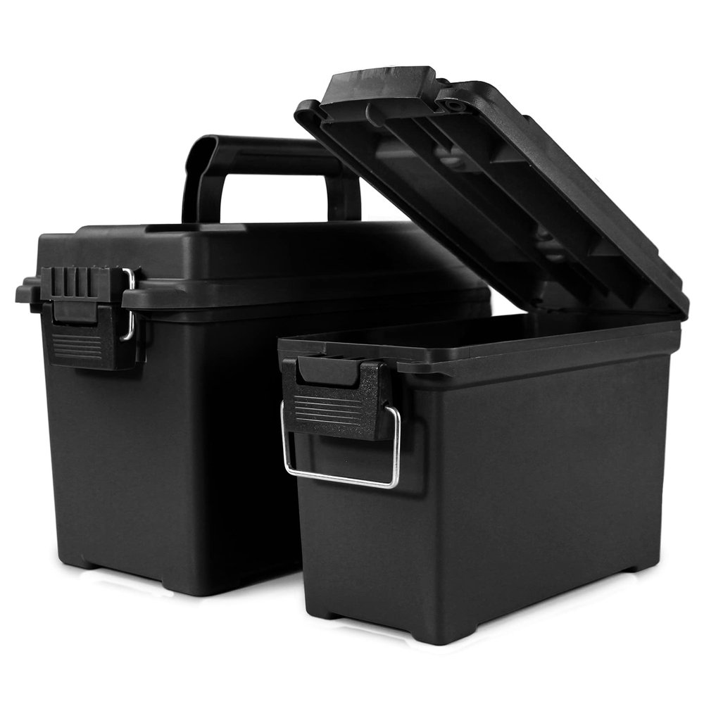 GUGULUZA Plastic Ammo Cans, 2-Pack Lockable Waterproof Storage Containers, Field Boxes with Handle for Hunting Gear, Shooting Supplies, Stackable Dust Resistant Ammo Case Black