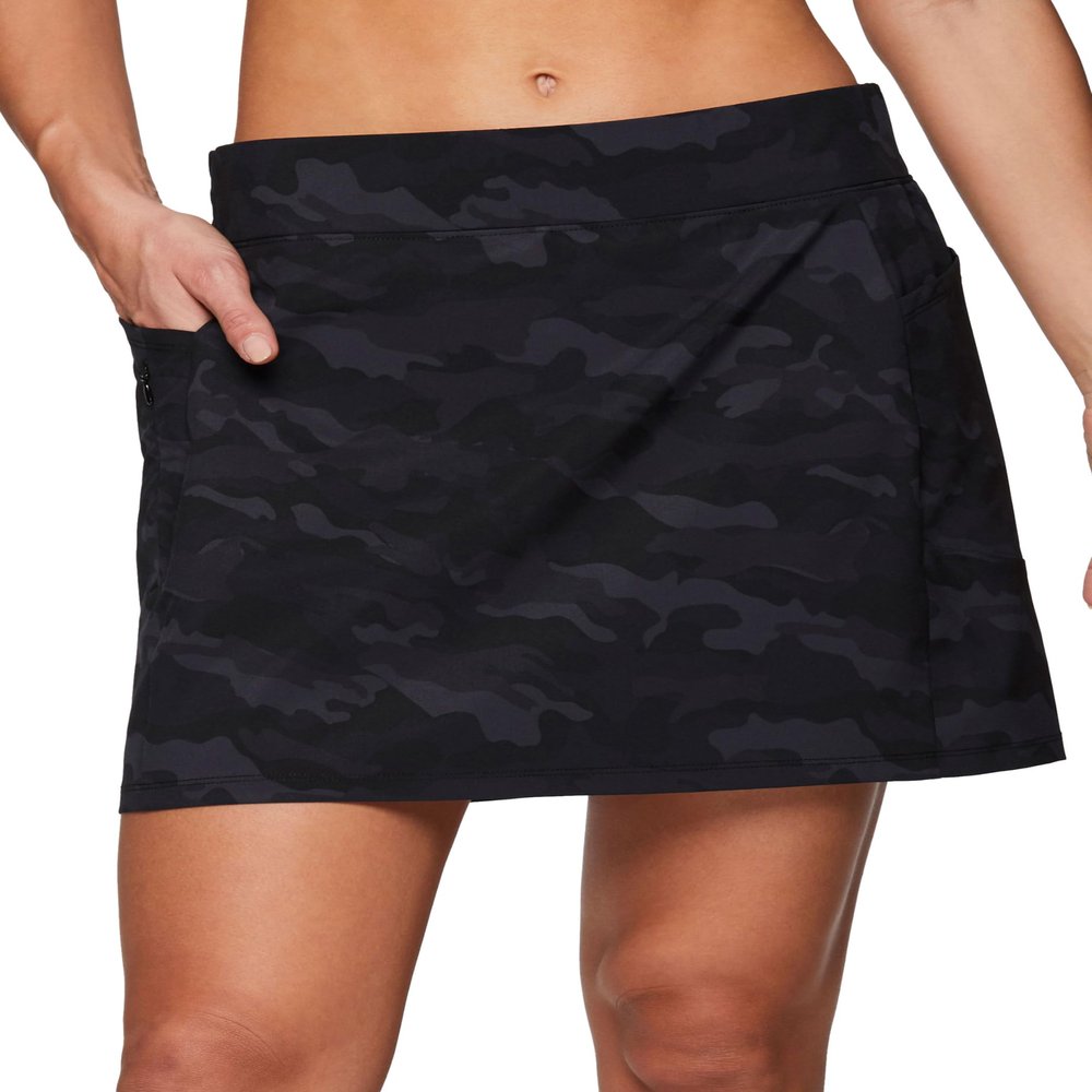 RBX Active Fashion Camo Skort for Women, Quick Drying Flat-Front Woven Running/Tennis/Golf/Pickleball Skort with Zipper Pocket S21 Black Camo S