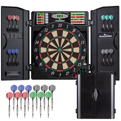 Arachnid Titanium 5400: 13.5 target with integrated cabinet. Offers 38 games, 316 variations, color LED scoring, and solo play. Includes Double In/Out modes for competitive game room fun