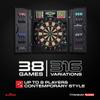 Arachnid Titanium 5400: 13.5 target with integrated cabinet. Offers 38 games, 316 variations, color LED scoring, and solo play. Includes Double In/Out modes for competitive game room fun view 2