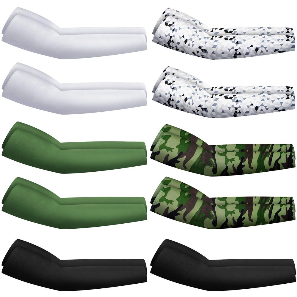 Hicarer 10 Pair Arm Sleeves for Men Women UV Sun Protection Compression Arm Warmers Sports Golf Cooling Sleeves for Baseball Basketball Summer, Green Camo