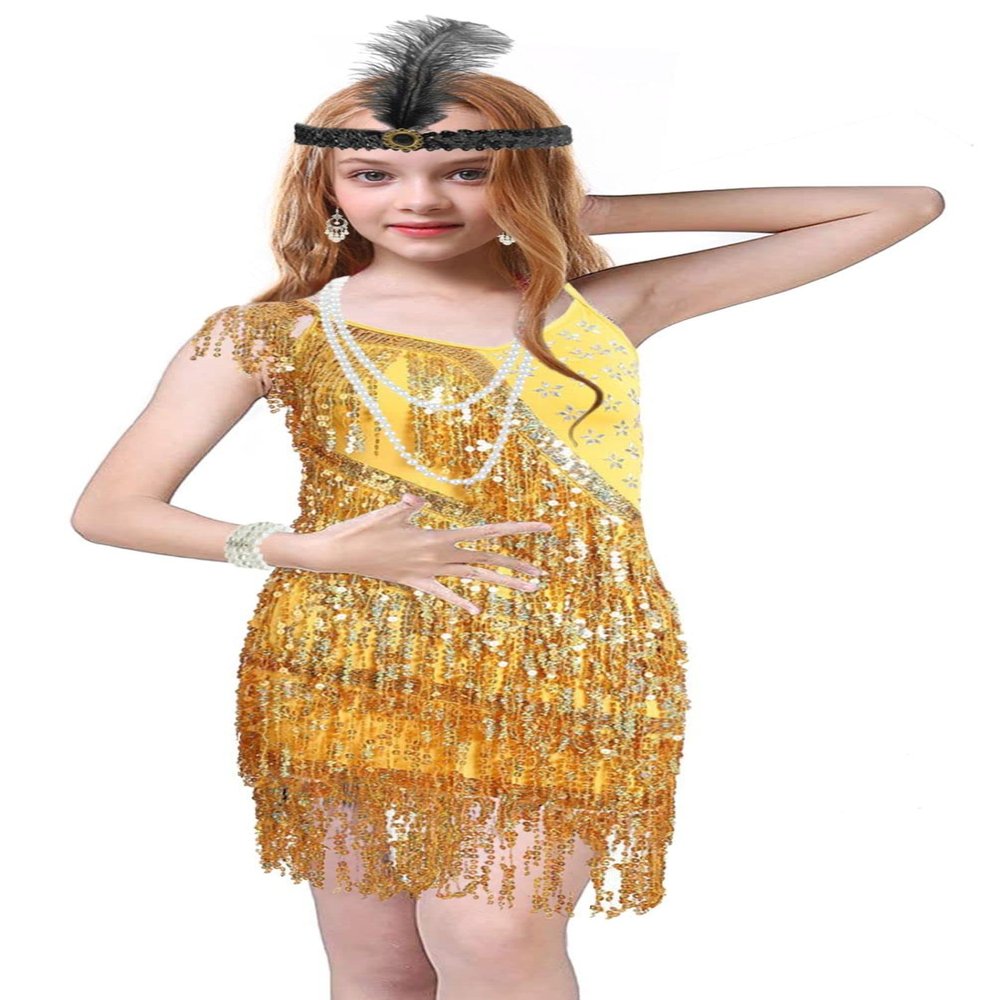 Latin Dance Dress for Girls Ballroom Dancing Dresses for Kids Flapper Dress with 20s Accessories Set (Small, Style 4 Yellow)