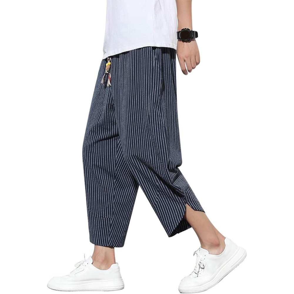 Mens Harem Pants Patchwork Baggy Capri Pants Elastic Waist Japanese Shorts
