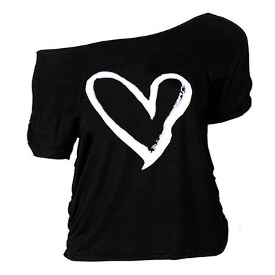 MAGICMK Women Casual Plus Size Lips Print Off Shoulder T-Shirt Tops Black+Whiteheart S