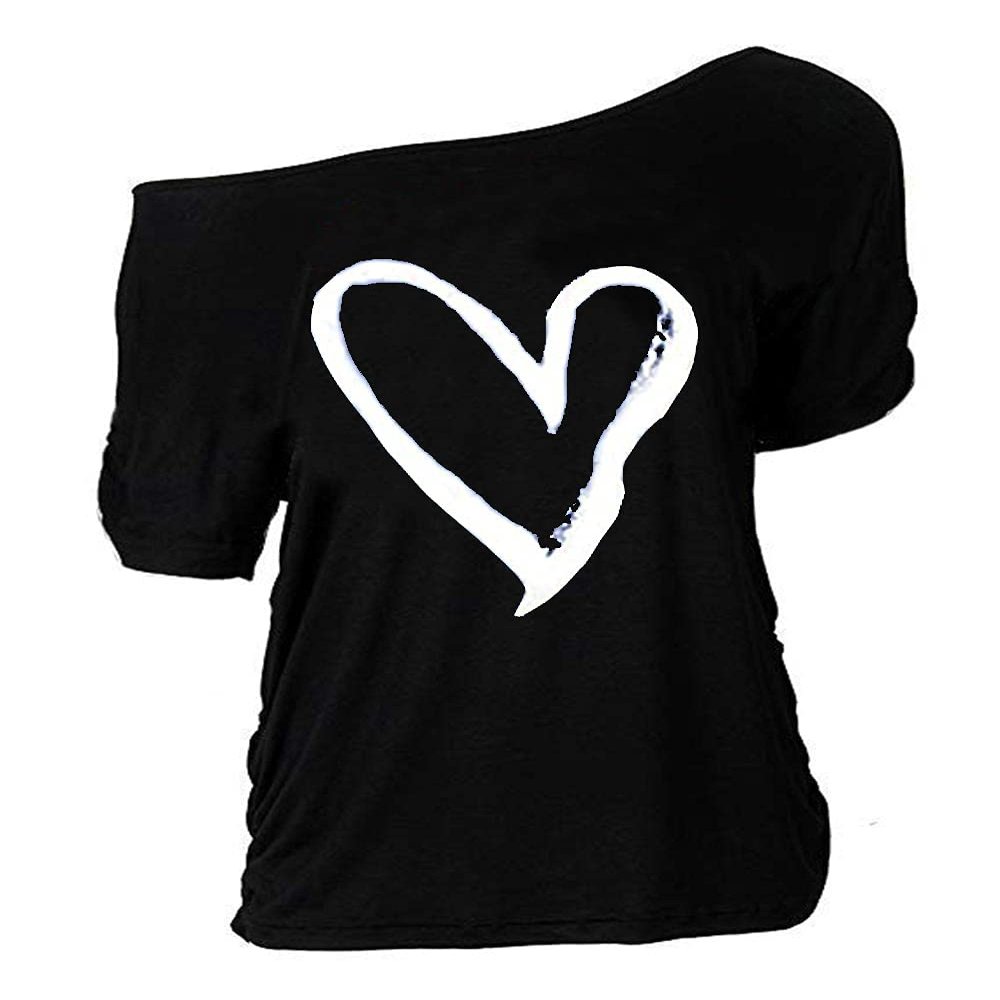 MAGICMK Women Casual Plus Size Lips Print Off Shoulder T-Shirt Tops Black+Whiteheart S