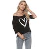 MAGICMK Women Casual Plus Size Lips Print Off Shoulder T-Shirt Tops Black+Whiteheart S view 2