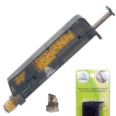 Arsuk Airsoft Speed Loader 6mm with Adapter  90 Rounds - Black - Speed Reloader 6mm for BB Pellets  Fast Reloading Tool for Airsoft Gun Accessories, Magazines, Pistols, and Rifles