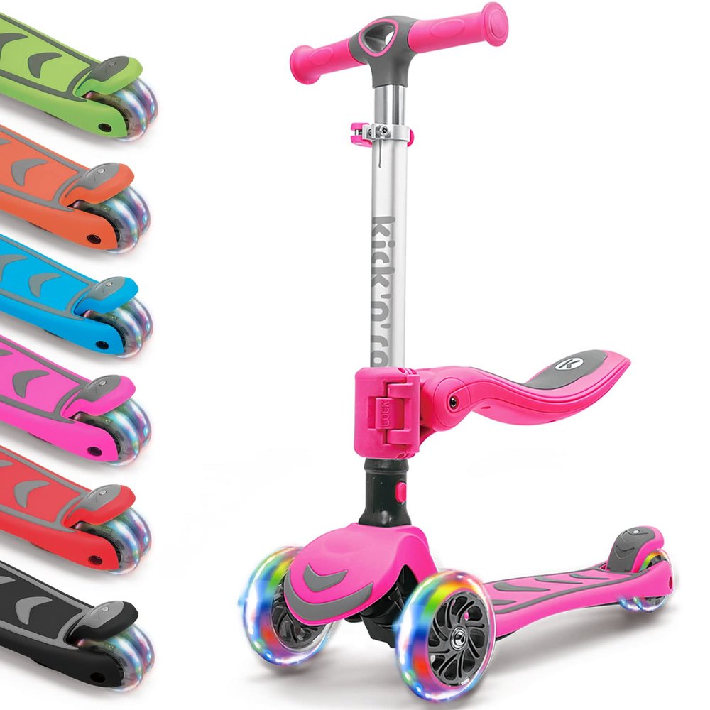 Kicknroll 3 Wheel Scooter for Kids Ages 3-5 Extra-Wide Deck Lean to Steer Foldable Toddler Scooters with Seat, 3 LED Light Wheels & 4 Adjustable Height, 110 Lbs - Pink