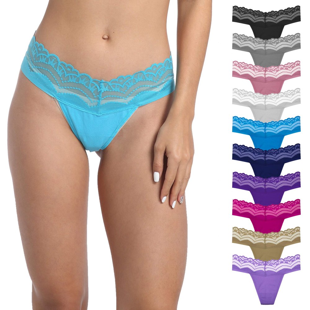 Pmrxi Cotton Thong for Women Panties Width 2.76inch(7cm) Lace Waistband Thongs For Woman Tangas Underwear Pack 10 Size Medium