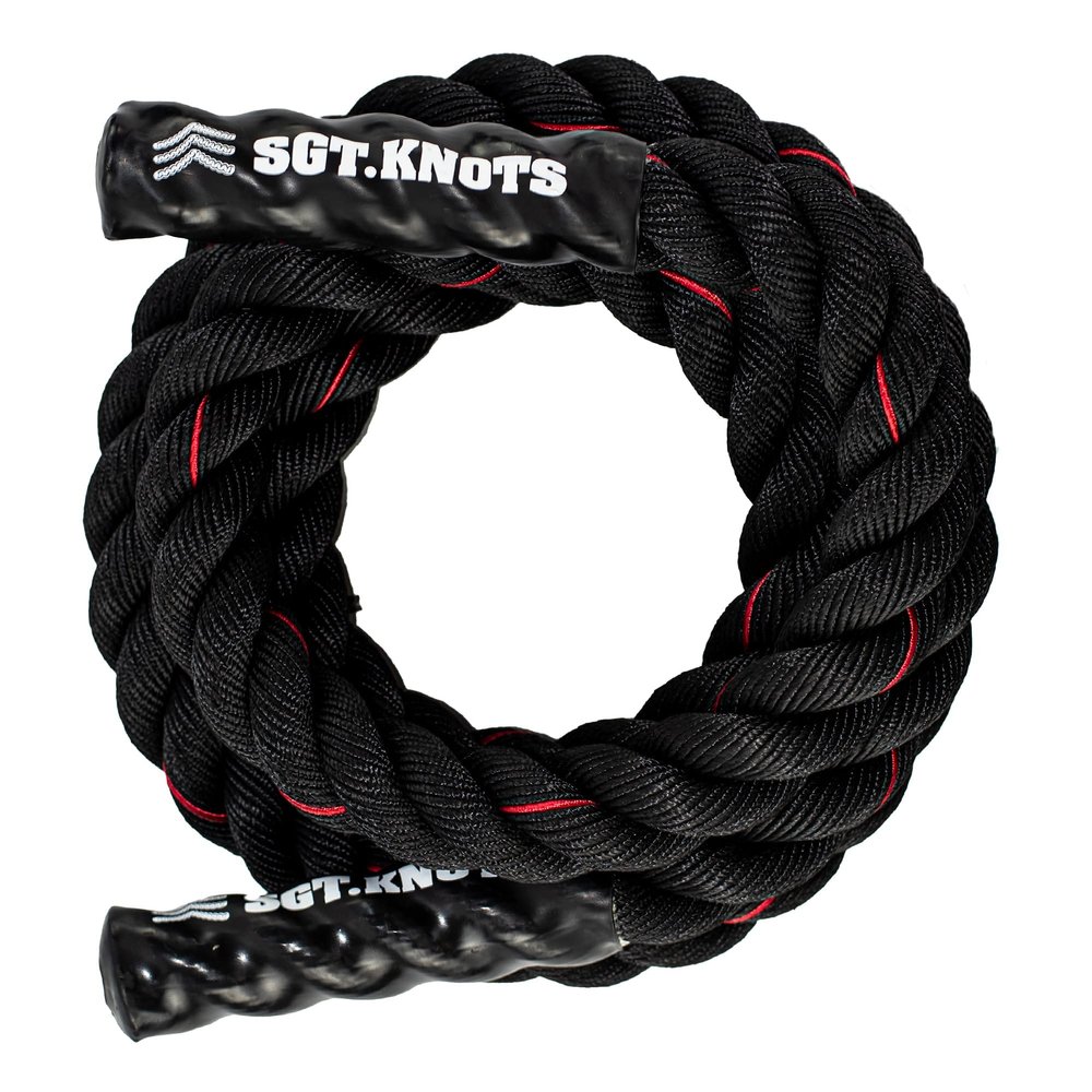 SGT KNOTS Twisted Battle Jump Rope - Weighted Strength Training Jump Rope for Fitness, Crossfit, Battling (2" x 10ft, Black with Red Tracer)