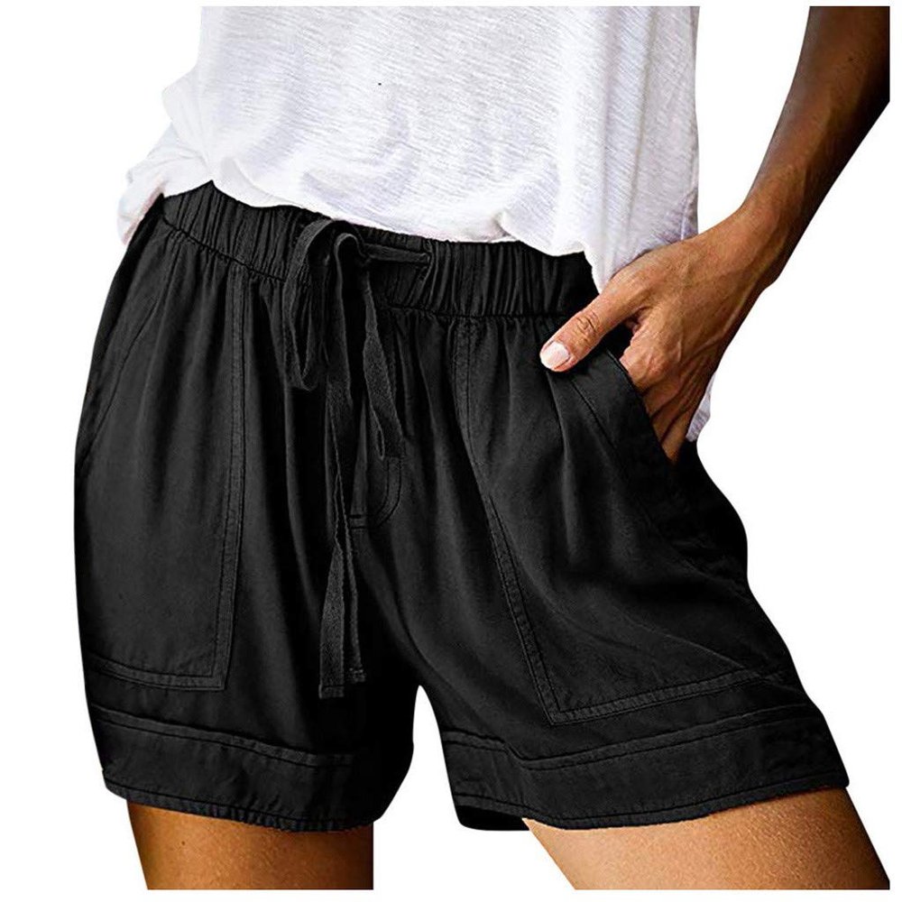 Maryia Womens Casual Shorts Pants with Pockets Summer Beach Solid Drawstring Elastic Waist Comfy Cotton Linen Shorts Black