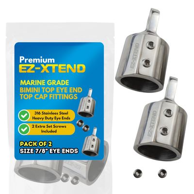EZ-Xtend Bimini Top Eye End Top Cap Fitting Marine 316 SS 2PC. HD Double Set Screws for Securing Bimini Top Frame. Double Holding Power for Optimal Safety. 7/8" or 1" Sizes. (7/8" Eye Ends (2 PC))