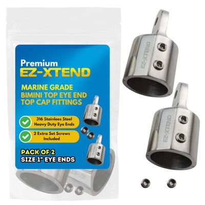 EZ-Xtend Bimini Top Eye End Top Cap Fitting Marine 316 SS 2PC. HD Double Set Screws for Securing Bimini Top Frame. Double Holding Power for Optimal Safety. 7/8" or 1" Sizes. (1" Eye Ends (2 PC))