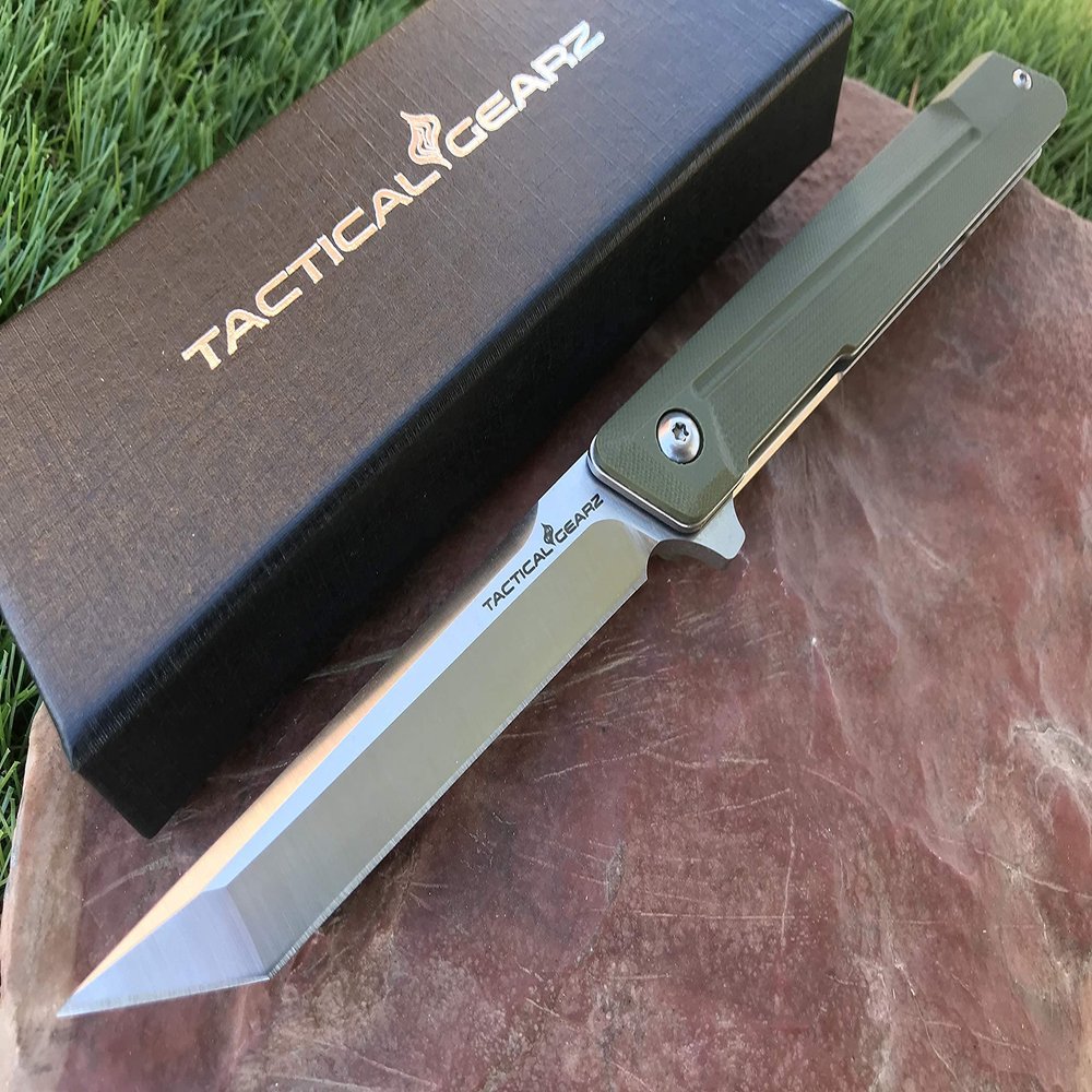 TACTICAL GEARZ Pocket Folding Knife for EDC, G10 Handle, D2 Steel Tanto Blade, Includes Sheath (NyxST Green)