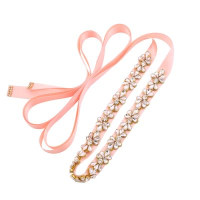 WEZTEZ Crystal Bridal Belt Sash Handmade Wedding Sash with Rhinestones Pearl Belt for Wedding Dress Gown (Gold-blush)